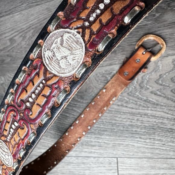VTG Hand Tooled & Dyed Brown Leather Belt & Buckle sz 38 Native Eagle main image 10